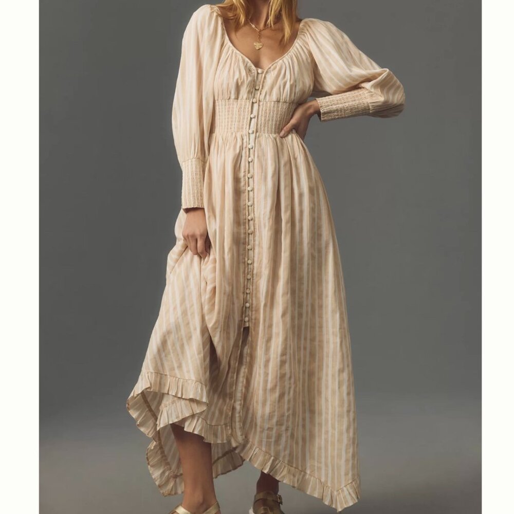 NWT Anthropologie Long-Sleeve Smocked-Waist Stripe Maxi Dress